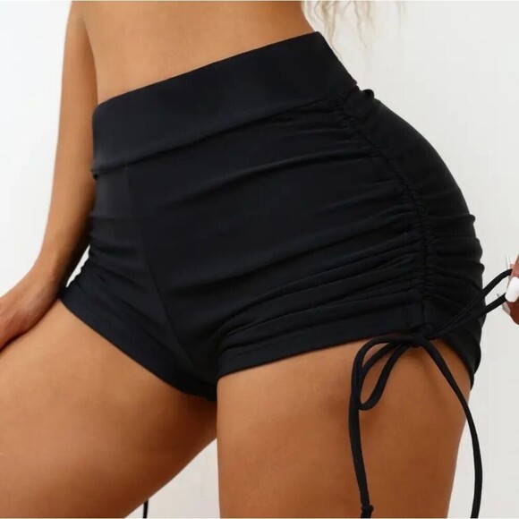 Black shorts boy short syle elastic bikini bottoms string tied rise sides - Picture 1 of 4